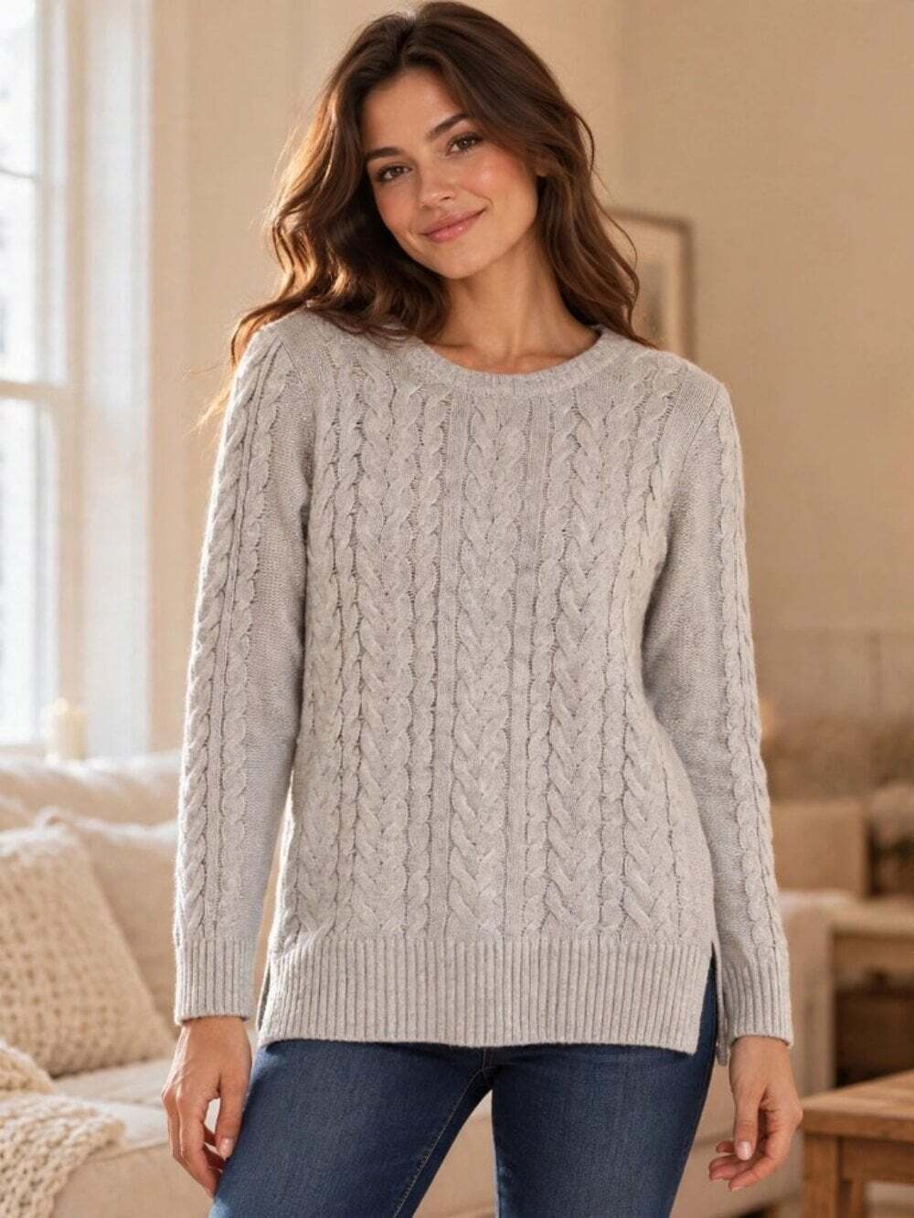Lord & Taylor Cable Knit Tunic Sweater S Grey Wool Blend Fisherman Crewneck